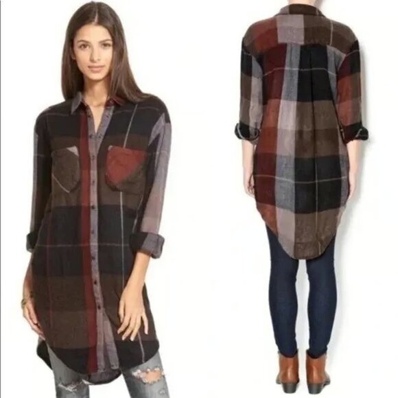 Free People Street Talk Plaid Flannel Shacket Shirt Dress - XS - Picture 1 of 7